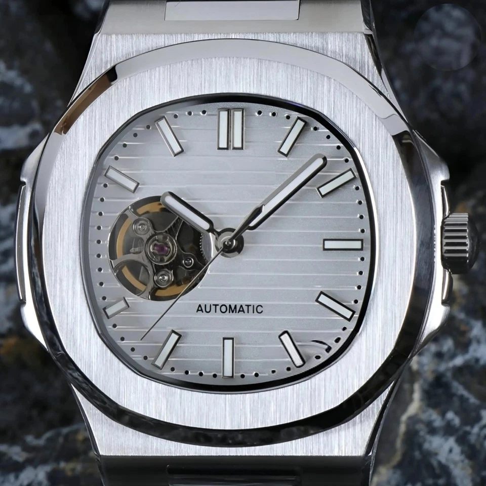 Personalizado 40mm Plateado Pulido Corazón Abierto Estilo NAUT Mod | NH38 Automático Lujo Foto 4 de 4