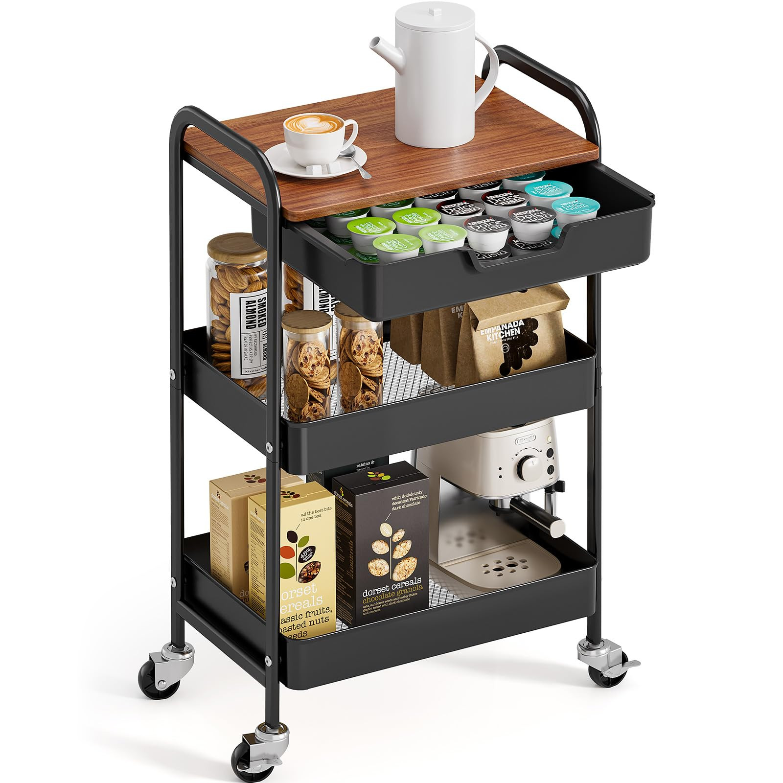 TOOLF 3-Tier Utility Rolling Cart Wooden Board Drawer, Metal Storage Cart Handle