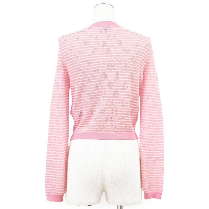 CHANEL Knit Cardigan Size 36 Women P76591 CC Logo Striped LongSleeves Pink White image 7