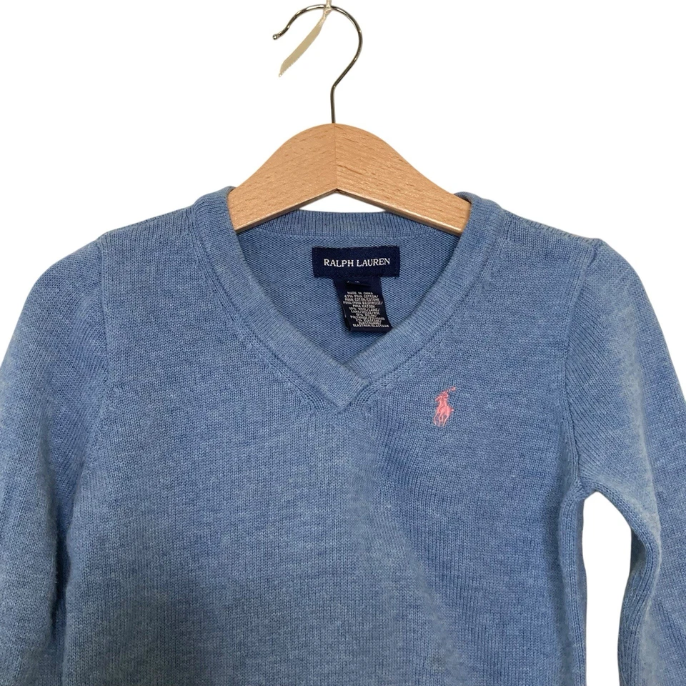 Suéter Ralph Lauren infantil azul mistura de lã tamanho 5 gola V rosa pônei mangas compridas - Imagem 3 de 4