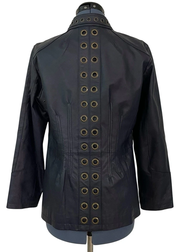 Vtg Hot in Hollywood Blue Leather Jacket Grommet Front Back Y2K Moto Grunge M - Image 4 of 4