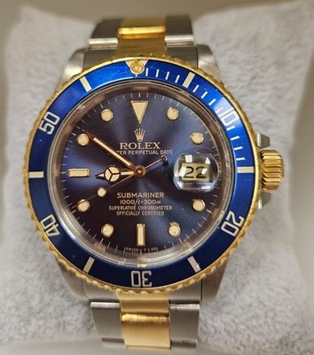 ROLEX BLUE SUBMARINER Mens 18k Yellow Gold SS Watch SERVICED 