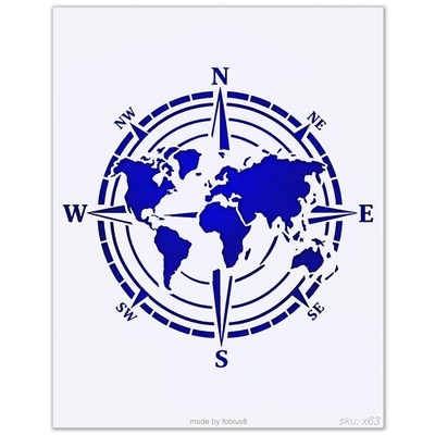 Compass World Map Stencil - Nautical Travel Global 10 Mil Mylar Template - XV63