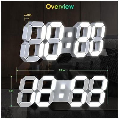 15'' 3D LED Wall Clock, Large Decor, Time/Date/Temperature