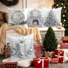 4Pcs White Winter Christmas Polyester Plush Pillow Cover Minimalist Cushion Case