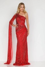 Terani Couture Style 2012GL2390 RED Asymmetrical Beaded One Shoulder Cape Gown