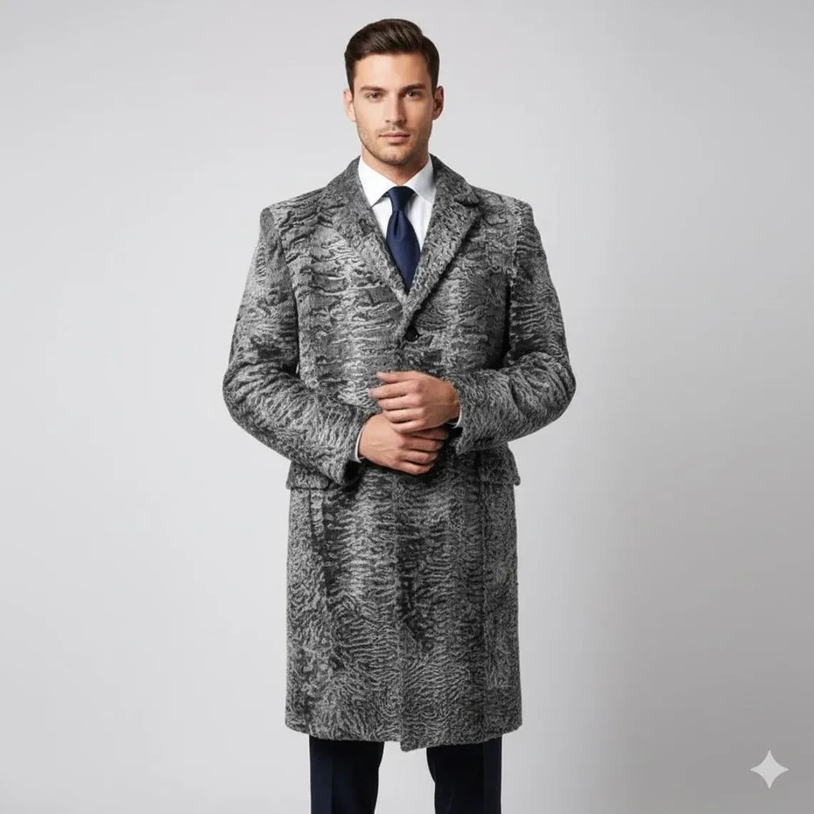 Handmade Men’s Long Persian Lamb Fur Coat – Grey Genuine Astrakhan Jacket