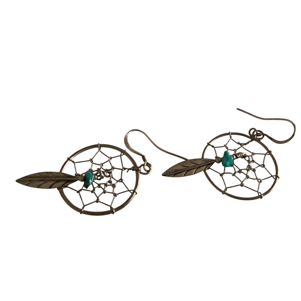 Brincos pendurados nativos americanos turquesa esterlina apanhador de sonhos - Imagem 3 de 4