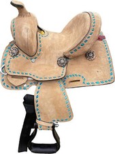 Kids Youth Rough Out Turquoise Backstitch Barrel Western Horse Saddle Tack Set