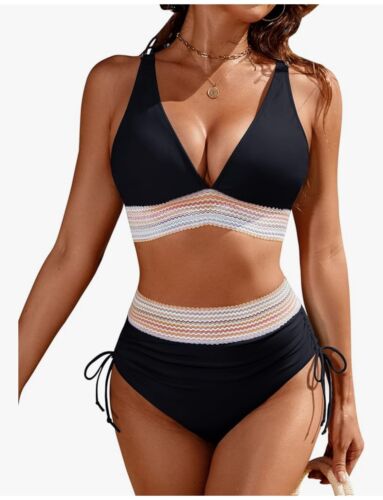 Blooming Jelly Womens High Waisted Bikini Sets Color Block Tummy Control Sz L