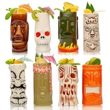 Ceramic Tiki Mugs, Set of 8 - 18-23.5oz - Perfect for Exotic Cocktails, Iced Tea
