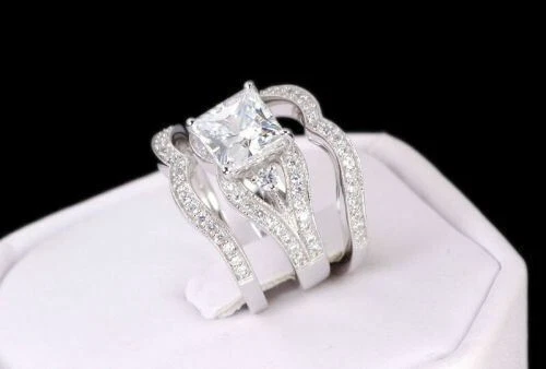 3 Ct Princess Cut Lab Created Diamond Three Piece Wedding Ring Set In 925 Silver
