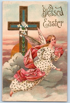 Easter Postcard Holy Cross Angel Lily Flowers Embossed c1910's Posted Antique