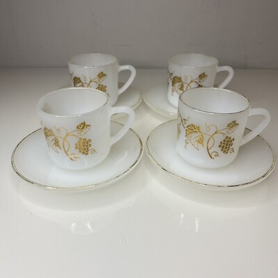 Selten Arcopal Milchglas Tassen & Untertassen Espresso Set (x4) Weiß & Gold Frankreich