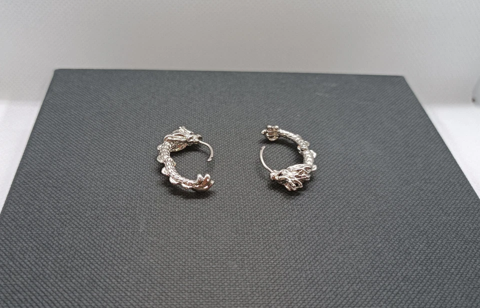 ORECCHINI UOMO DONNA UNISEX CERCHIO DRAGO RAME COLORE ARGENTO - Immagine 4 di 4