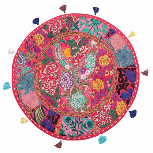 Indian 22 Round Patchwork Embroidered Pouf Cover Cotton Pink Floor Cushion Cover - Picture 1 of 4