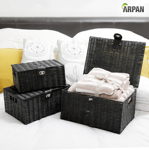 Storage hamper Basket Box Set of 3 Black Resin Woven - Picture 2 of 6