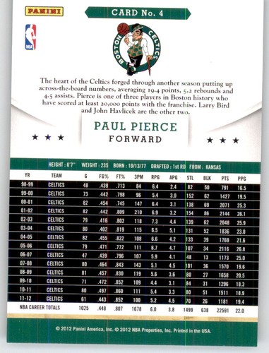 2012-13 NBA Hoops Paul Pierce NBA PWE tarjeta base Celtics #4 - Imagen 2 de 2