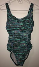 Ladies Ruched Speedo Swimsuit Size 8 Aqua-Black-Purple Lined Padded Bra