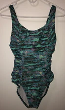 Ladies~Ruched Speedo Swimsuit~Size 8~Aqua-Black-Purple~Lined~Padded Bra