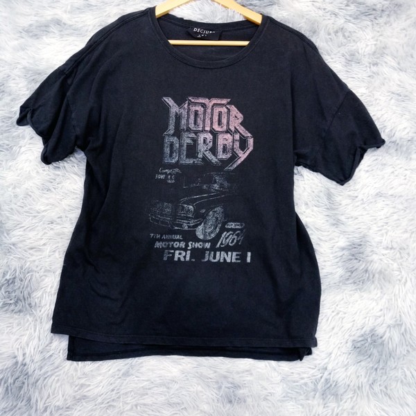 Decjuba Womens Vtg Style Faded Washed Motor Derby Oversized T-shirt Tee S Black
