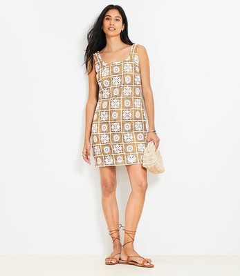 ann taylor loft crochet dress Ann Taylor LOFT Crochet Lace Mini Dress Tan Cream Square Neck Sleeveless  Boho 0P
