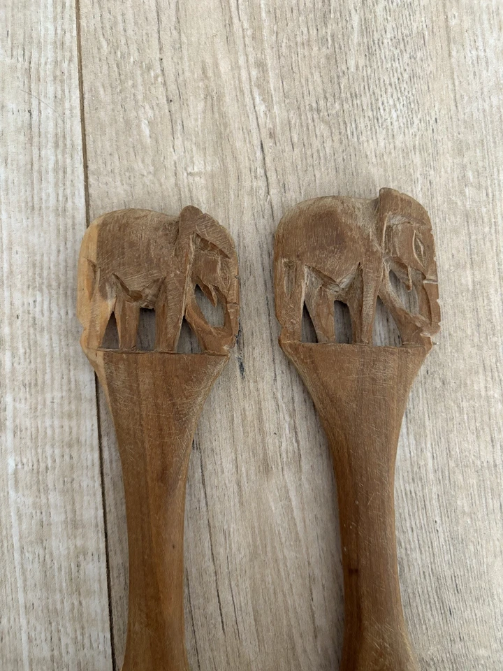 Vintage Hand Carved African elephant Wooden Salad Serving Spoon Set - Image 3 of 4