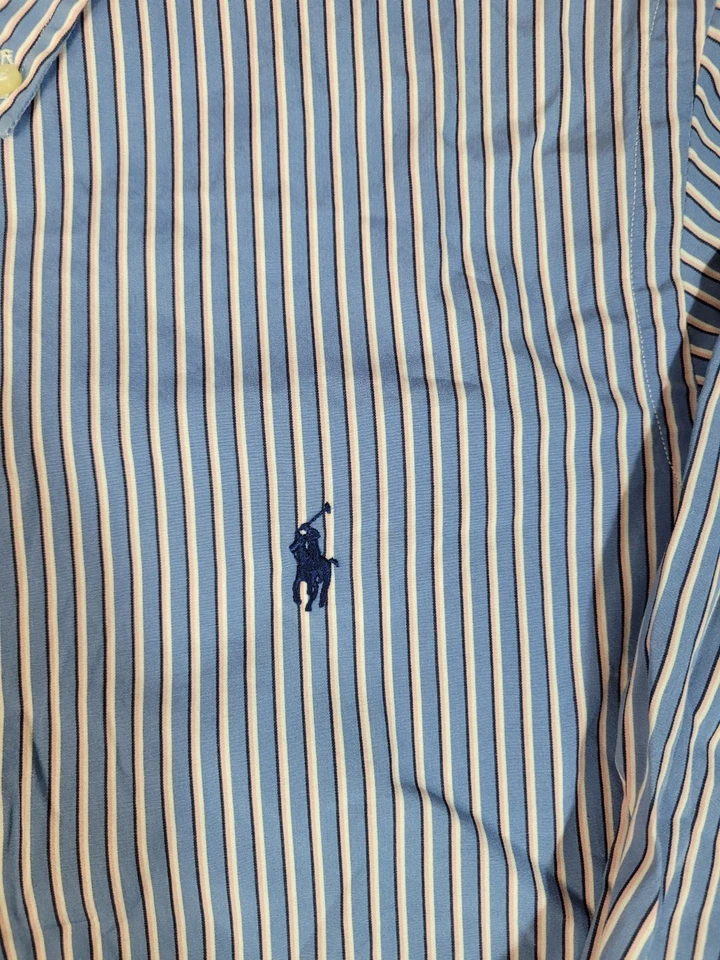 Camisa Polo Ralph Lauren Para Hombres De Colección Años 90 Abotonada Calce Clásico Talla M Azul Rayas Foto 4 de 4