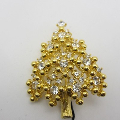 Vintage Eisenberg Ice Christmas Tree Brooch Rhinestone Original Tag Gold Tone