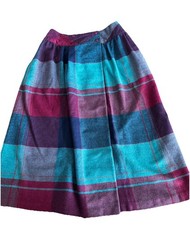 VTG Skirt Wool Blend Plaid Pink Blue Preppy 70s Academia Midi Retro Medium