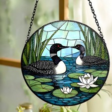 Loon Couple Stained Glass Suncatcher, Wildlife Bird Window Hanging, Nature Lodge