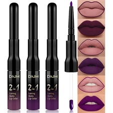 evpct 3Pcs Burgundy Red Black Dark Purple Matte Lip Liner  Liquid Lipstick St...
