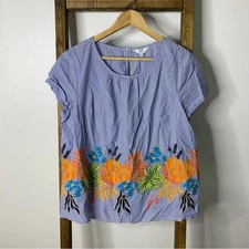 Crown & Ivy Striped Blue Embroidered Women's Top L