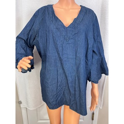 NEW Philosophy chambray denim blue v-neck 3/4 bell sleeve tunic top Size 2X