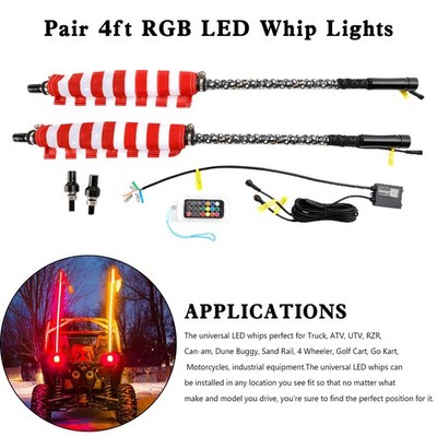2X 4ft RGB APP Whip Lights Antenna W/Flag Remote Control Für Polaris UTV ATV