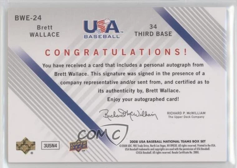 2008 Upper Deck USA Baseball National Teams Team Red Ink /50 Brett Wallace Auto - Image 2 of 2