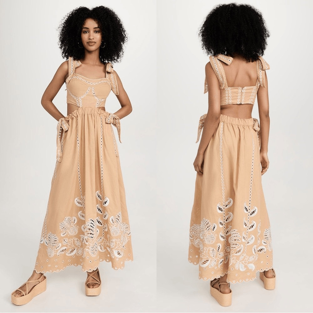 knee length dresses for ladies Sand Richelieu Euroflax™ Premium Linen Midi Dress – FARM Rio main image 1
