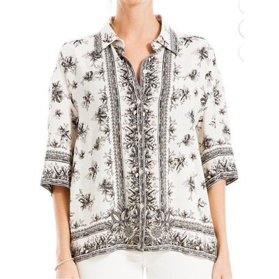Max Studio London XL Floral Border Print Button Front Boho Blouse Shirt Vacation