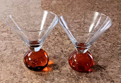 E. Cointreau Etched Martini Glass Orange Bubble Base Barware Hand-blown Set of 2