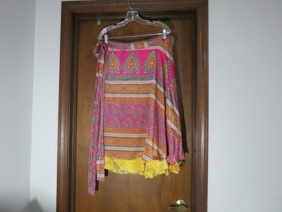NWT Darn Good Yarn Sari Silk Wrap Skirt Women Goddess Mini Boho Gypsy Reversible