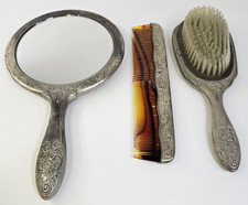 Vintage Ornate Silver Tone Vanity Set Hand Mirror Hair Brush Comb 3 Piece Heavy
