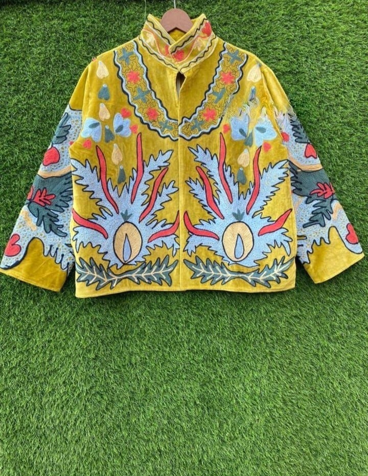 Womens Mustard Yellow Velvet Embroidered Floral Suzani Jacket Boho Coat
