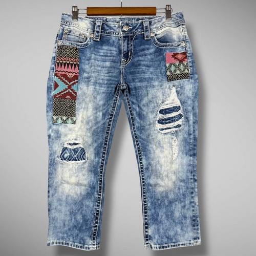 Miss Me Cuffed Capri Jeans Womens 29 Acid Wash Tapestry Patched Distressed Boho - Picture 2 of 9