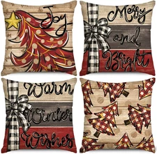 Christmas Pillow Covers 18x18" Red Buffalo Plaid Xmas Trees Set of 4