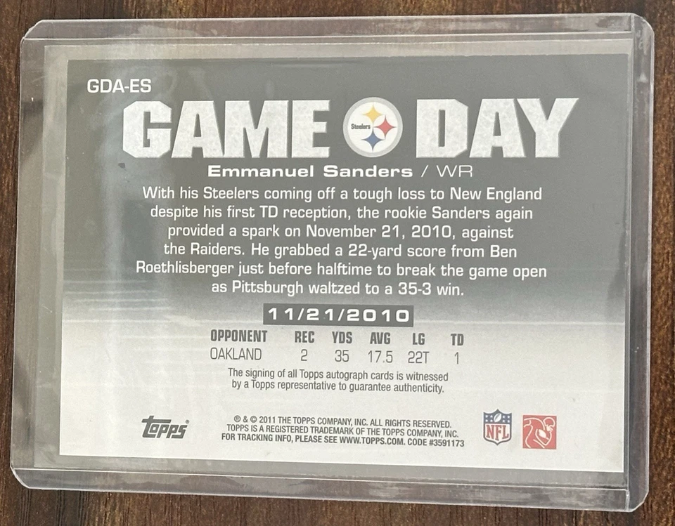 2011 Topps Game Day Autographs Emmanuel Sanders #GDA-ES (AU) - Image 2 of 2