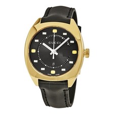 Gucci YA142408 GG2570 Black Dial Yellow Gold-tone Ladies Black Leather Watch