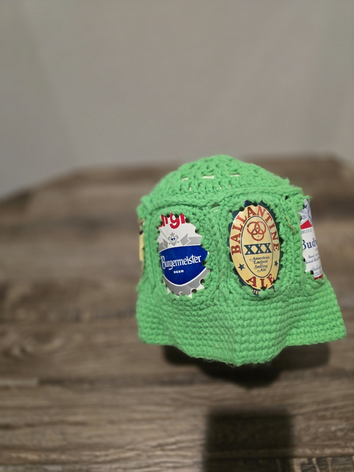Crocheted  Beer Can Knit Bucket Vintage Party Hat Green