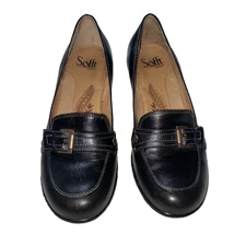 Sofft Cordelia Loafer Heels Black Leather Buckle Women Size 7.5 M Academia