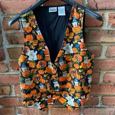 Pumpkins Teddy Bear Halloween Button Vest Fall Autumn Black Top Medium Vintage