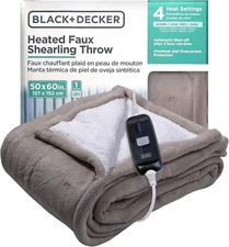 BLACK+DECKER Heated Throw Blanket, 50" x 60", Faux Shearling, 4 Heat Settings